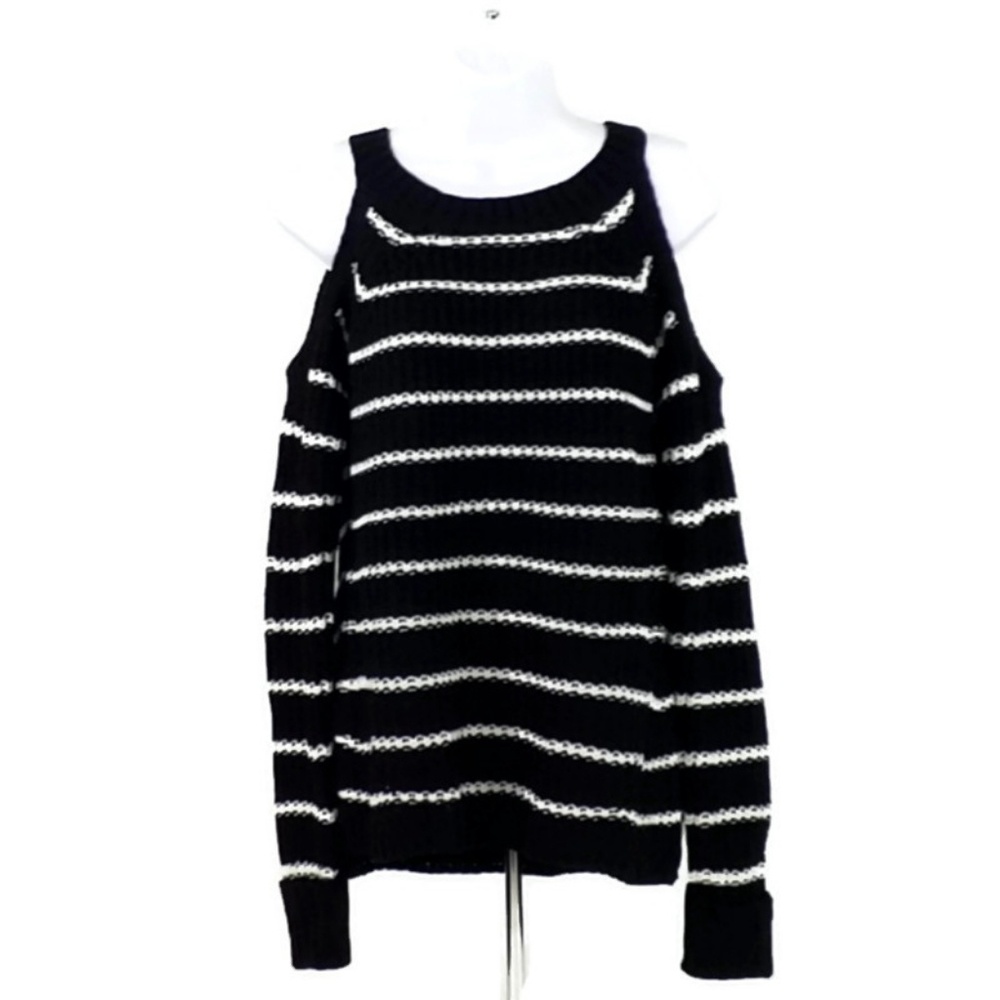 Hippie Rose Black White Stripe Long Sleeve Cold Shoulder Sweater Juniors Medium